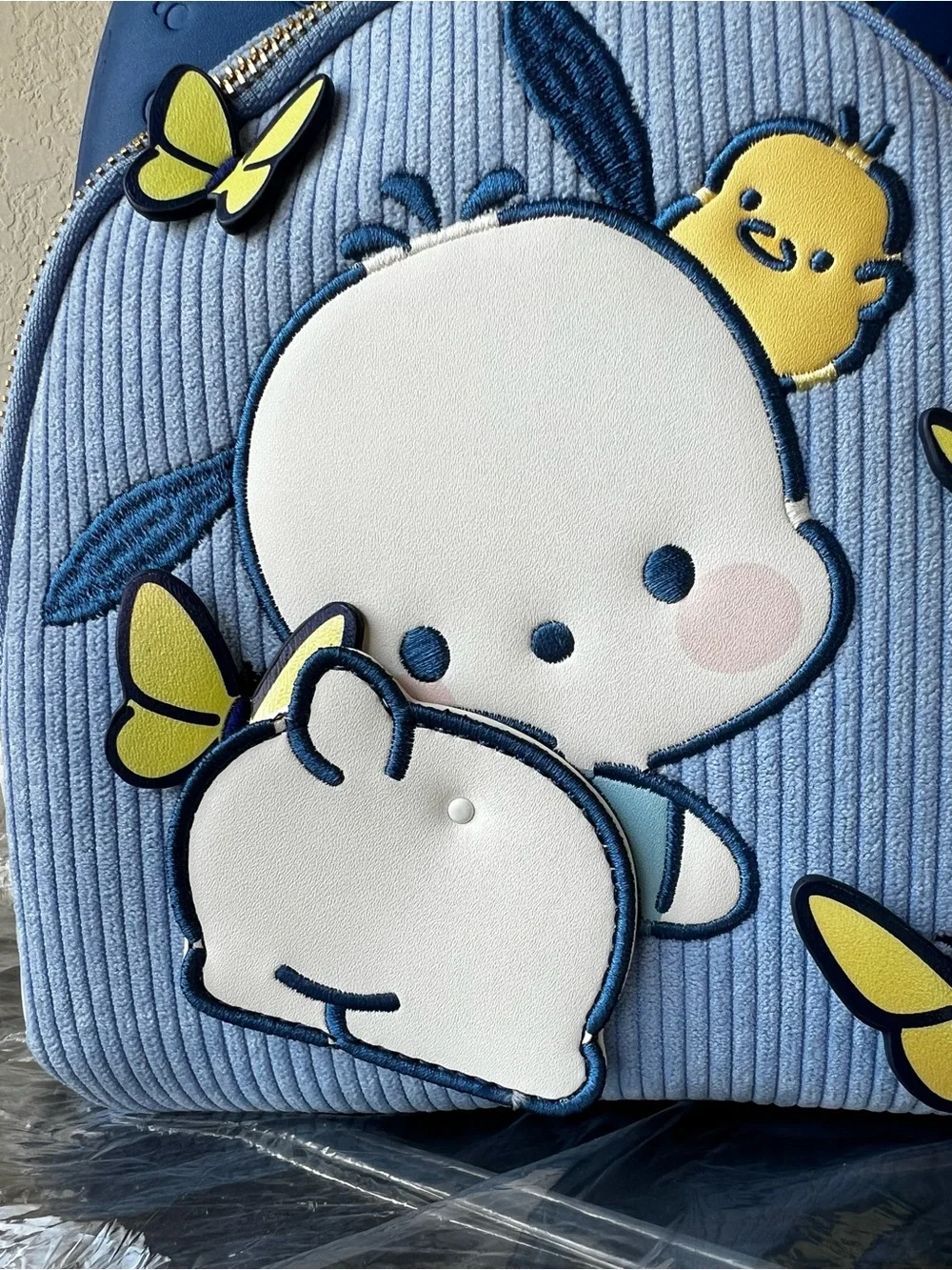 NWT Loungefly Sanrio Pochacco Blue Gingham Butterfly Moving Butt Mini Backpack